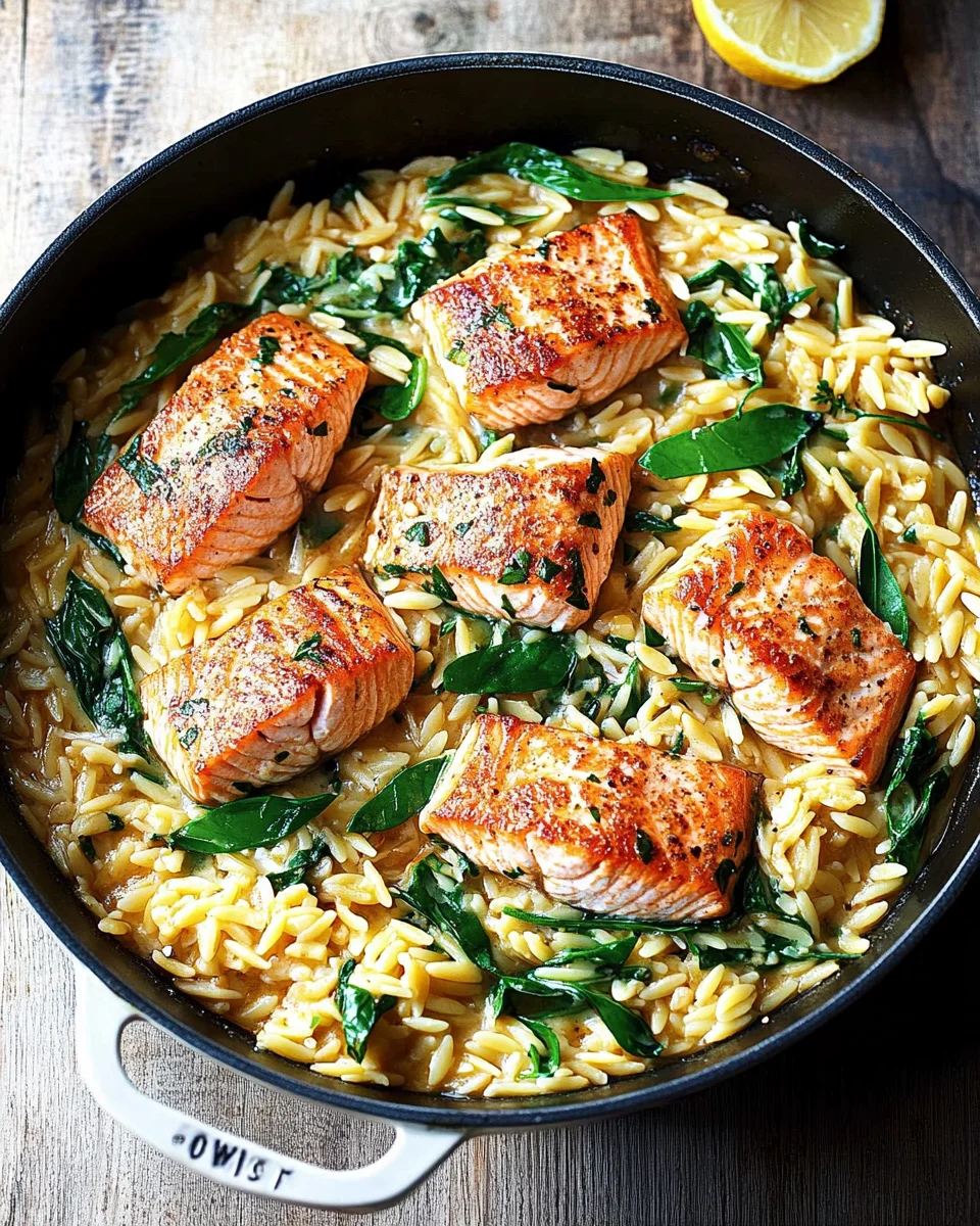 One Skillet Salmon with Lemon Orzo One