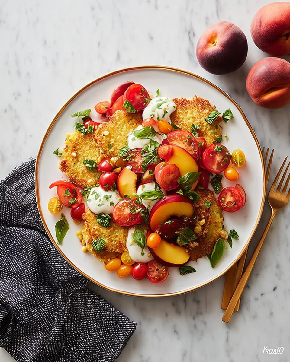 Corn Fritter Caprese with Peaches and Tomatoes Corn