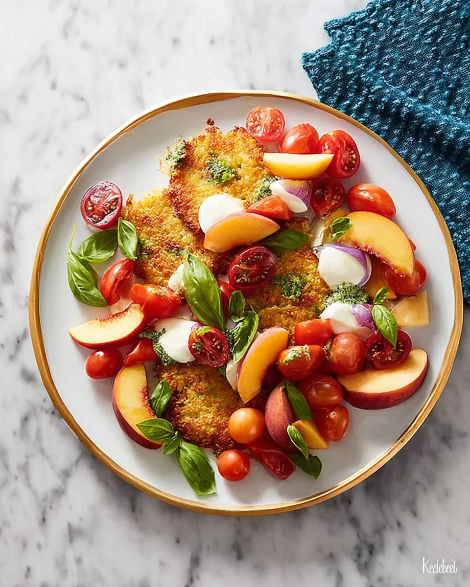Corn Fritter Caprese with Peaches and Tomatoes Corn