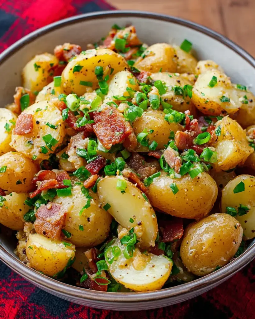 Warm German Potato Salad with bacon vinegar and mustard! Warm German Potato Salad , with bacon, vinegar, and mustard!