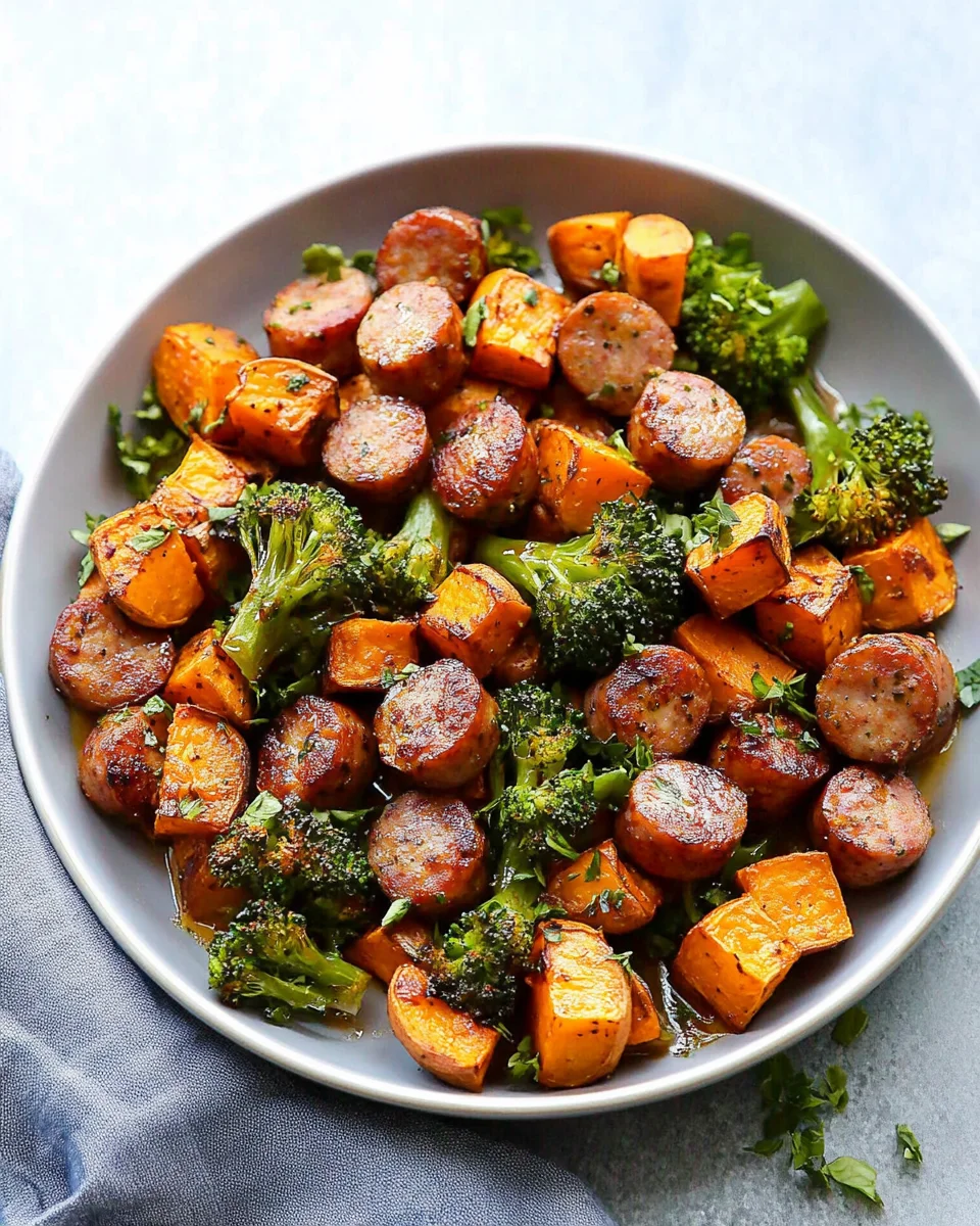 Sheet Pan Sausage and Sweet Potatoes with Honey Garlic Sauce Sheet