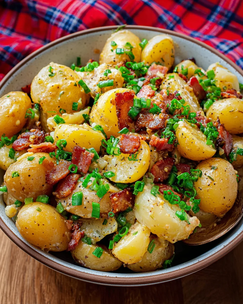 Warm German Potato Salad with bacon vinegar and mustard! Warm