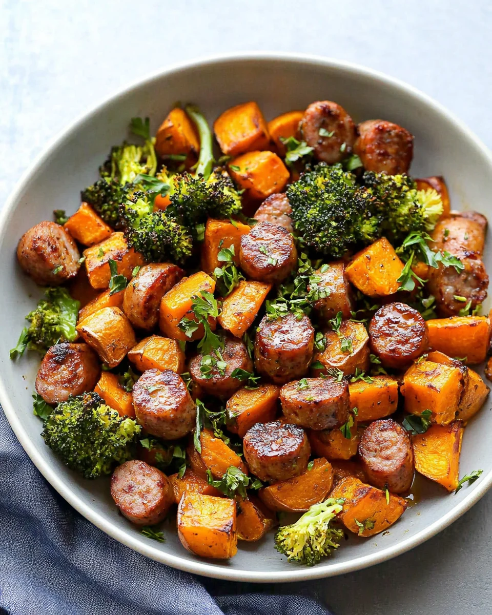 Sheet Pan Sausage and Sweet Potatoes with Honey Garlic Sauce Sheet