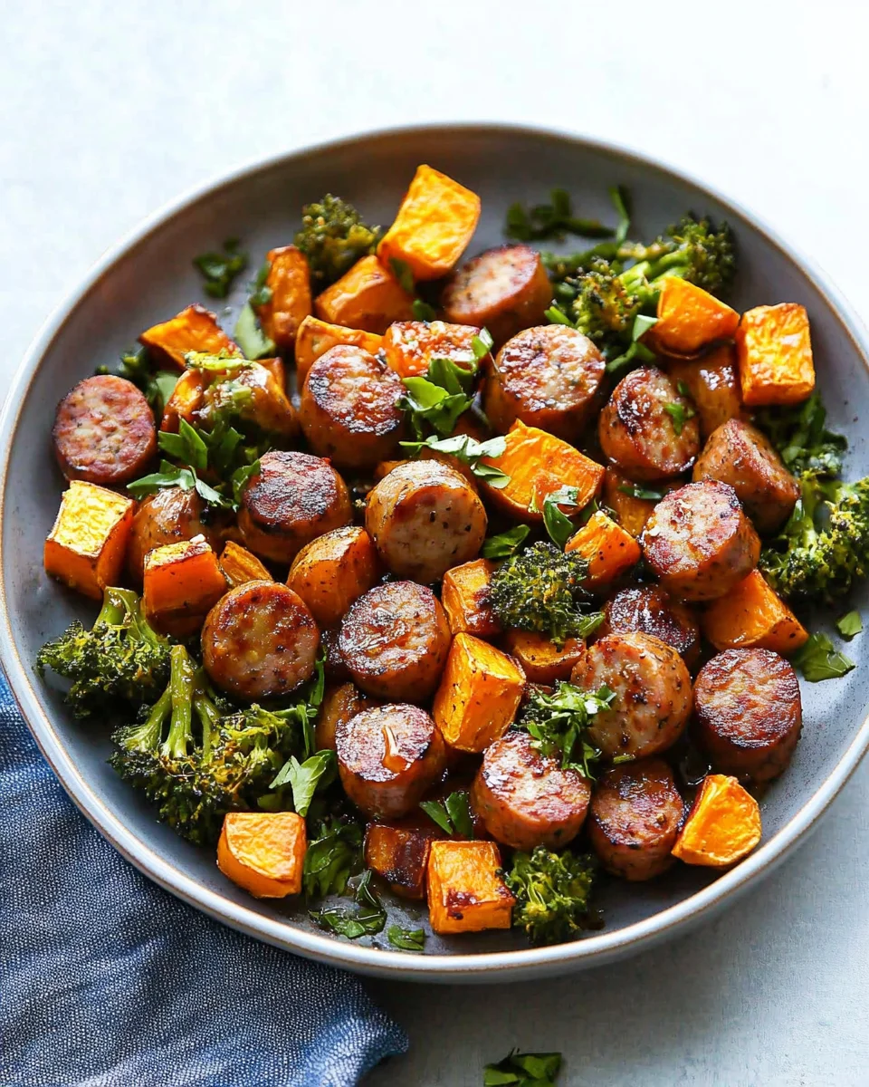 Sheet Pan Sausage and Sweet Potatoes with Honey Garlic Sauce Sheet