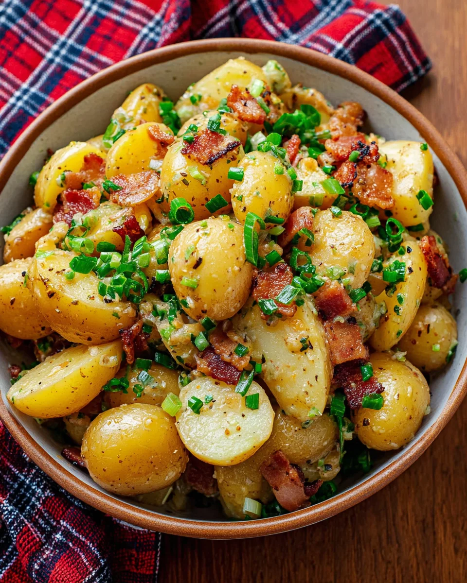 Warm German Potato Salad with bacon vinegar and mustard! Warm