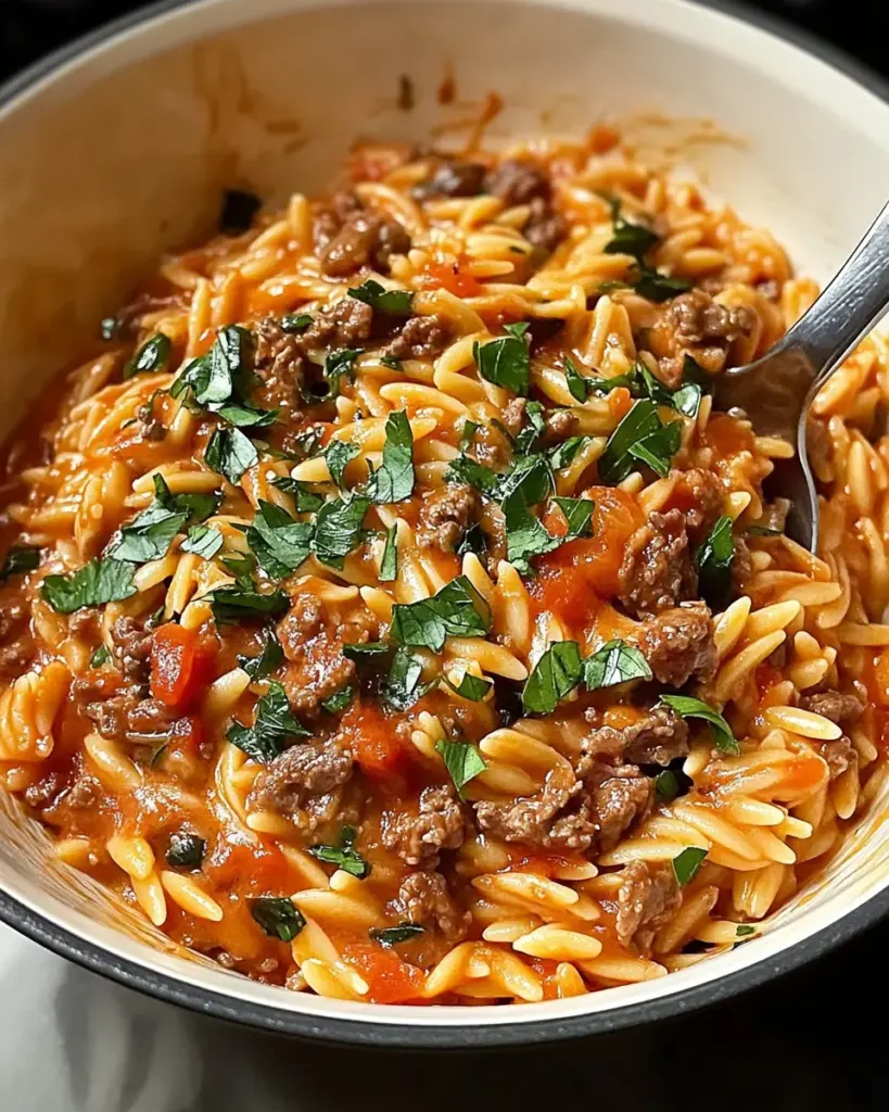 Ground Beef Orzo with Tomato Cream Sauce