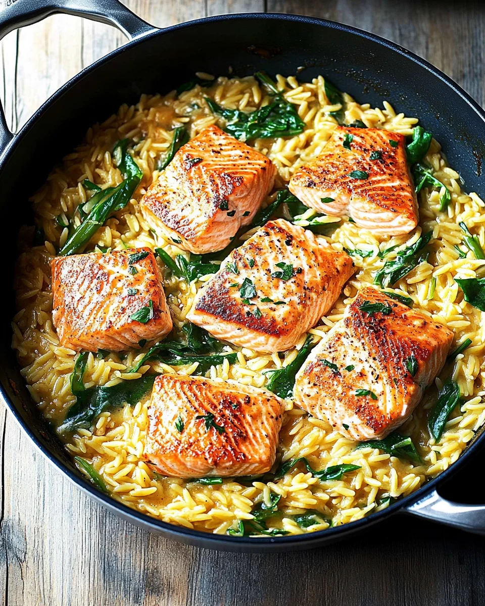 One Skillet Salmon with Lemon Orzo One