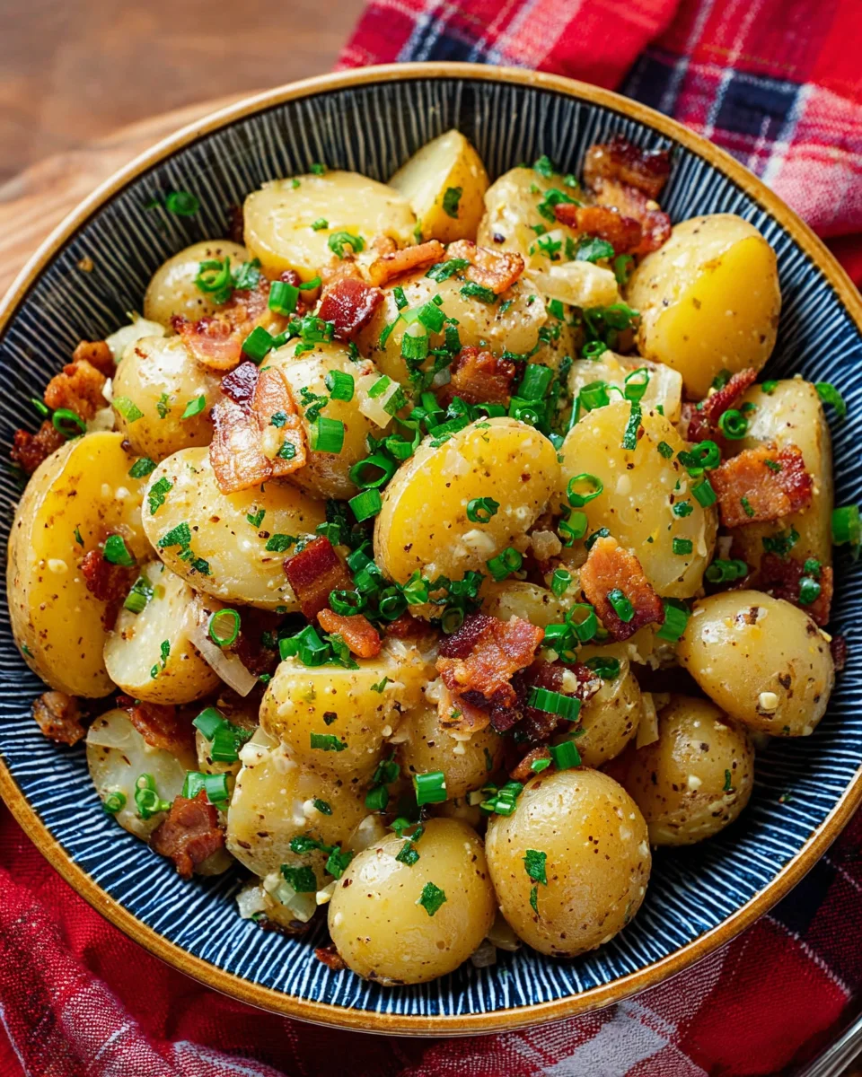 Warm German Potato Salad with bacon vinegar and mustard! Warm